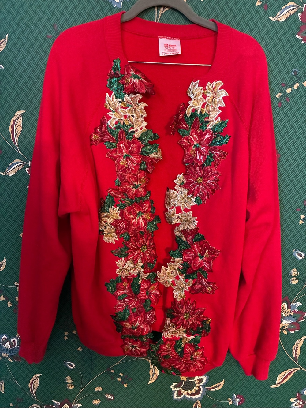 Red HandMade Women's Floral Embroidered Sweater - Holiday Cardigan